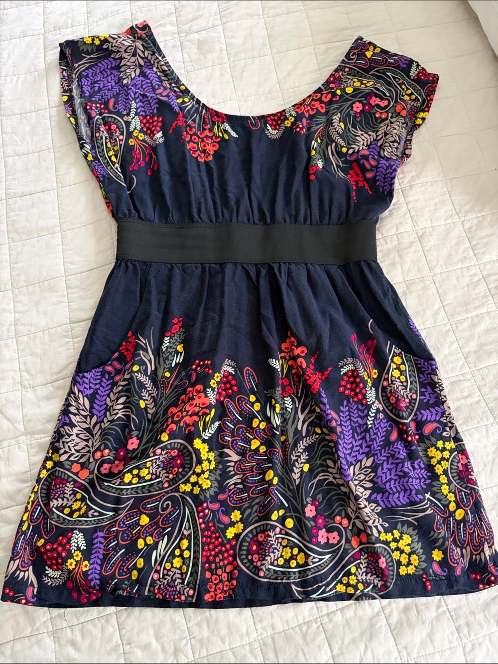 Body Central Navy Floral Paisley Dress with Black Waistband